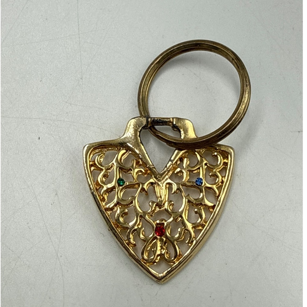 Vintage Heart Filigree Keychain Gold Tone Rhinestone Accent Ornate Key Ring